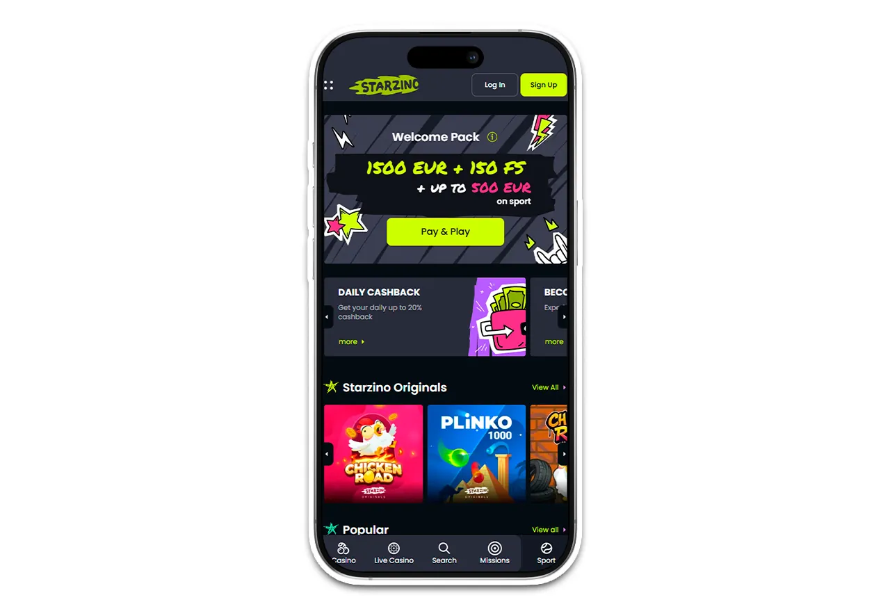 Officiële mobiele versie van Starzino Casino.